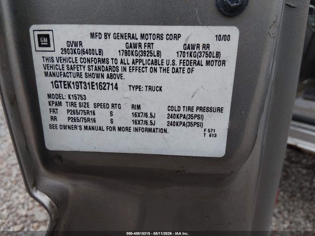 Aukcja sprzedaży 2001 Gmc Sierra 1500 Sle, vin: 1GTEK19T31E162714, numer aukcji: 45815315