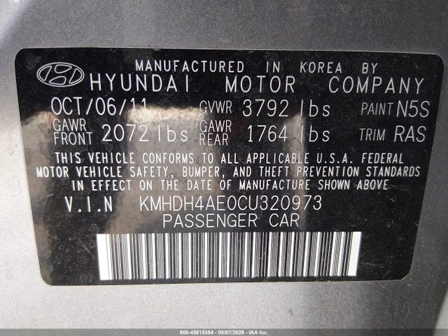 Aukcja sprzedaży 2012 Hyundai Elantra Gls (ulsan Plant), vin: KMHDH4AE0CU320973, numer aukcji: 45815354