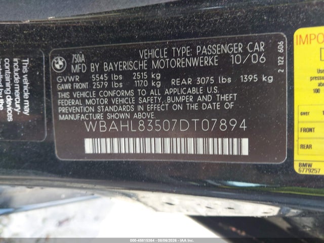 Продаж на аукціоні авто 2007 Bmw 750i, vin: WBAHL83507DT07894, номер лоту: 45815364