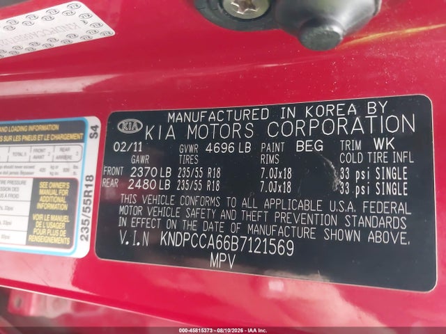 45815373 :رقم المزاد ، KNDPCCA66B7121569 vin ، 2011 Kia Sportage Sx مزاد بيع