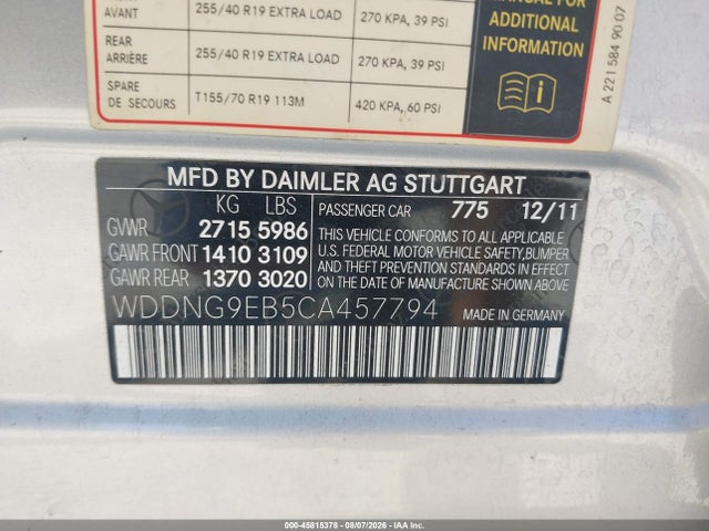 2012 Mercedes-benz S 550 4matic მანქანა იყიდება აუქციონზე, vin: WDDNG9EB5CA457794, აუქციონის ნომერი: 45815378