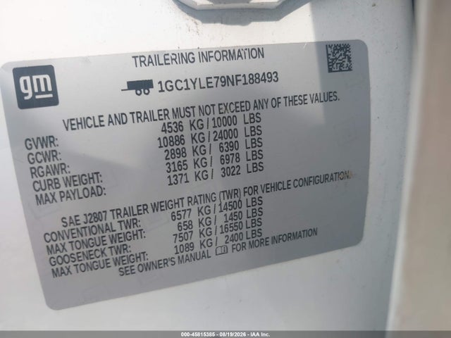 45815385 :رقم المزاد ، 1GC1YLE79NF188493 vin ، 2022 Chevrolet Silverado 2500hd 4wd  Long Bed Wt مزاد بيع
