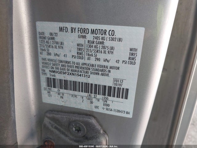 Aukcja sprzedaży 2022 Ford Transit Connect, vin: NM0GE9F2XN1541312, numer aukcji: 45815390