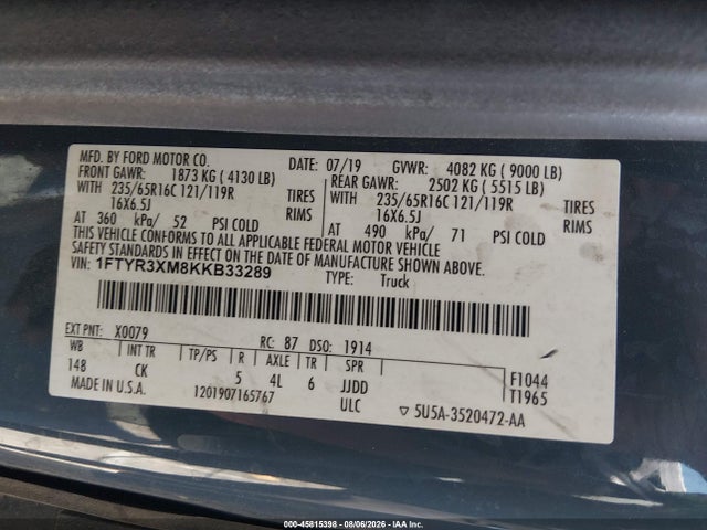 45815398 :رقم المزاد ، 1FTYR3XM8KKB33289 vin ، 2019 Ford Transit-250 مزاد بيع