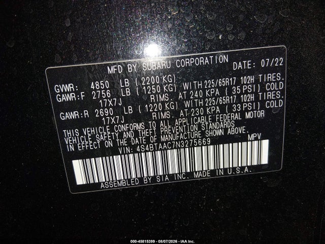 Subaru Outback 2022 4S4BTAAC7N3275669 Image 9