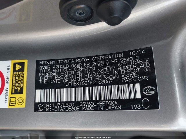 Aukcja sprzedaży 2015 Lexus Es 350, vin: JTHBK1GG1F2163067, numer aukcji: 45815435