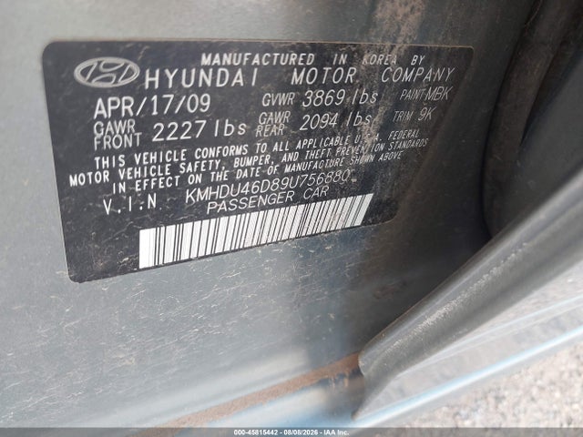 Aukcja sprzedaży 2009 Hyundai Elantra Gls, vin: KMHDU46D89U756880, numer aukcji: 45815442