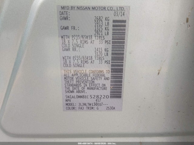Aukcja sprzedaży 2014 Infiniti Qx60, vin: 5N1AL0MM8EC528220, numer aukcji: 45815474