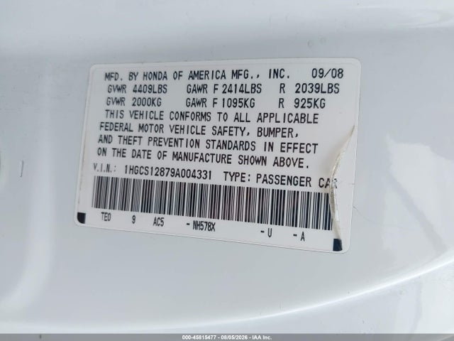 2009 Honda Accord 2.4 Ex-l მანქანა იყიდება აუქციონზე, vin: 1HGCS12879A004331, აუქციონის ნომერი: 45815477