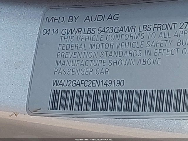 Aukcja sprzedaży 2014 Audi A7 3.0t Premium Plus, vin: WAU2GAFC2EN149190, numer aukcji: 45815491