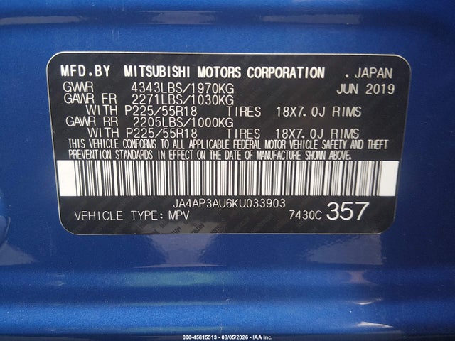 Aukcja sprzedaży 2019 Mitsubishi Outlander Sport 2.0 Es, vin: JA4AP3AU6KU033903, numer aukcji: 45815513