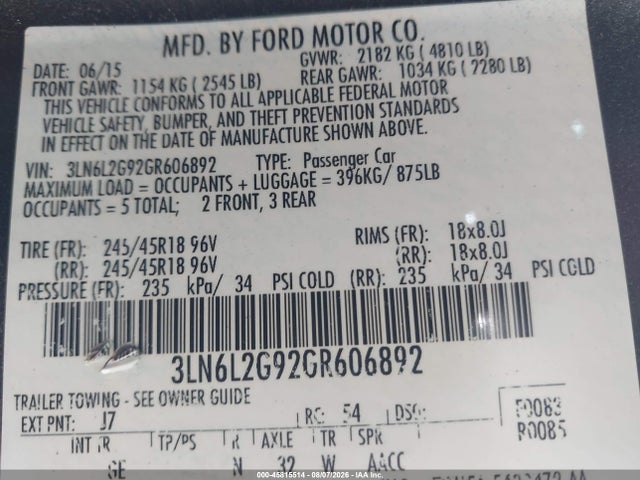 Aukcja sprzedaży 2016 Lincoln Mkz, vin: 3LN6L2G92GR606892, numer aukcji: 45815514