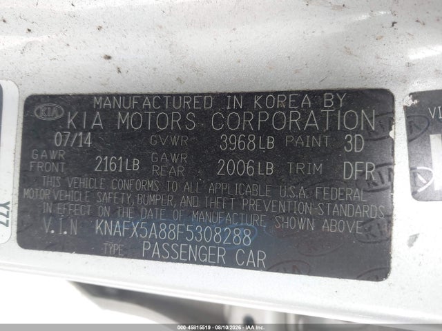 2015 Kia Forte Ex მანქანა იყიდება აუქციონზე, vin: KNAFX5A88F5308288, აუქციონის ნომერი: 45815519