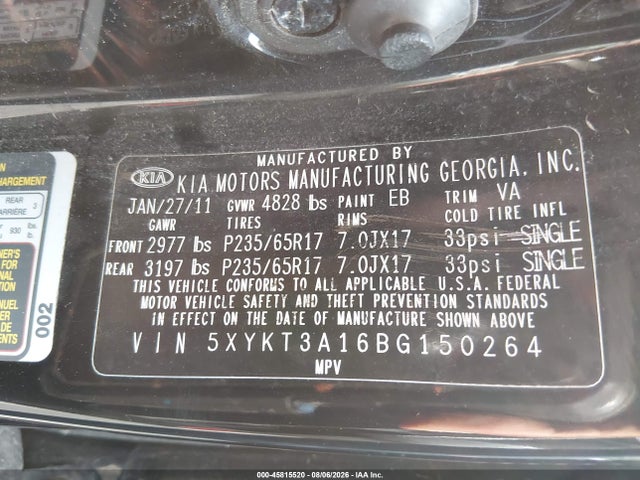 45815520 :رقم المزاد ، 5XYKT3A16BG150264 vin ، 2011 Kia Sorento Lx مزاد بيع