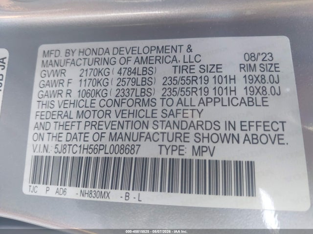 45815525 :رقم المزاد ، 5J8TC1H56PL008687 vin ، 2023 Acura Rdx Technology Package مزاد بيع