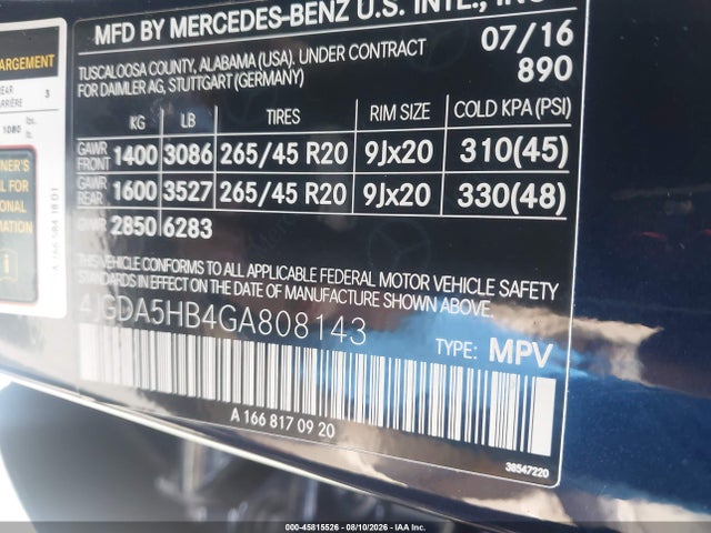 45815526 :رقم المزاد ، 4JGDA5HB4GA808143 vin ، 2016 Mercedes-benz Gle 350 4matic مزاد بيع