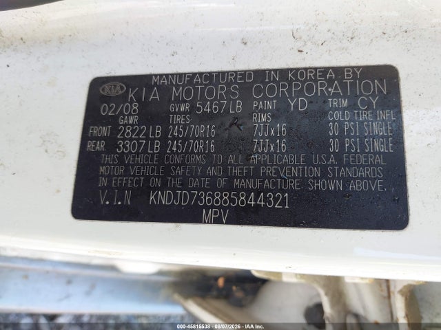 Aukcja sprzedaży 2008 Kia Sorento Ex, vin: KNDJD736885844321, numer aukcji: 45815538