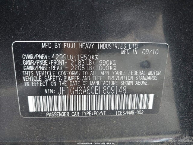 Aukcja sprzedaży 2011 Subaru Impreza 2.5i, vin: JF1GH6A60BH809148, numer aukcji: 45815544