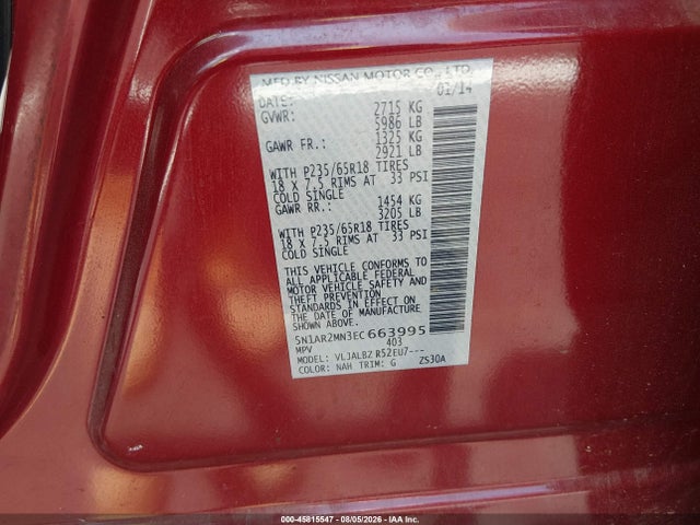 2014 Nissan Pathfinder S მანქანა იყიდება აუქციონზე, vin: 5N1AR2MN3EC663995, აუქციონის ნომერი: 45815547