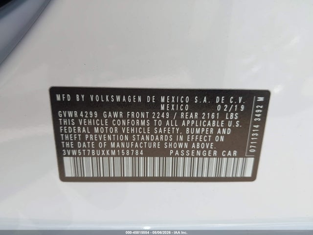 45815554 :رقم المزاد ، 3VW5T7BUXKM158784 vin ، 2019 Volkswagen Jetta Gli 2.0t 35th Anniversary Edition/2.0t Autobahn/2.0t S مزاد بيع