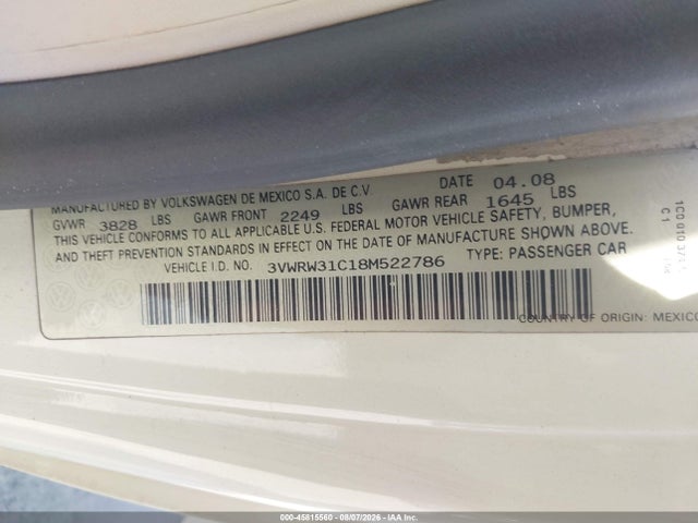 Продажа на аукционе авто 2008 Volkswagen New Beetle Se, vin: 3VWRW31C18M522786, номер лота: 45815560