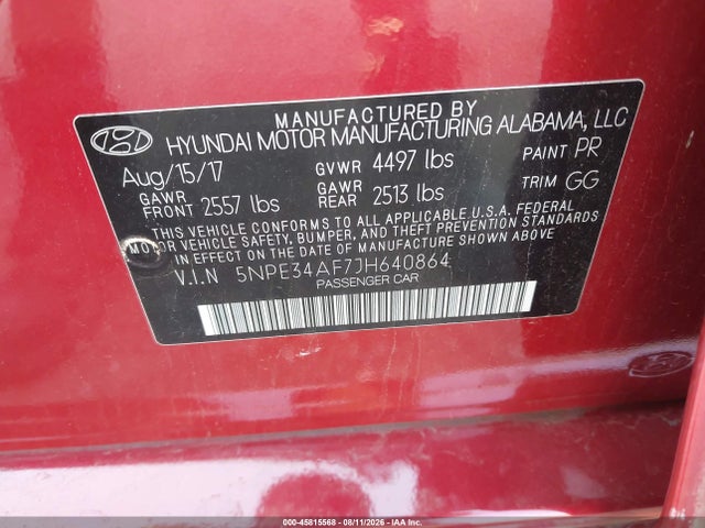 2018 Hyundai Sonata Sel მანქანა იყიდება აუქციონზე, vin: 5NPE34AF7JH640864, აუქციონის ნომერი: 45815568
