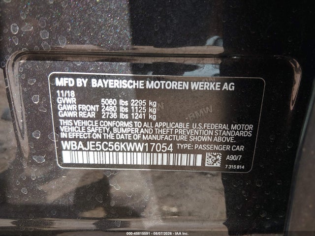 Aukcja sprzedaży 2019 Bmw 540i, vin: WBAJE5C56KWW17054, numer aukcji: 45815591