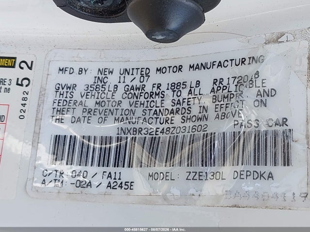 Aukcja sprzedaży 2008 Toyota Corolla Ce, vin: 1NXBR32E48Z031602, numer aukcji: 45815627