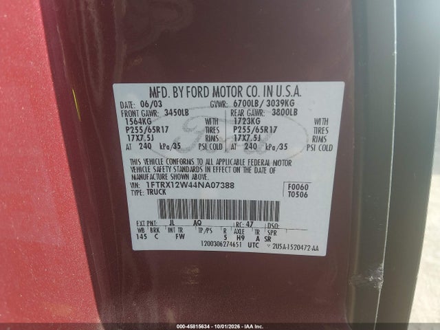Продажа на аукционе авто 2004 Ford F-150 Stx/xl/xlt, vin: 1FTRX12W44NA07388, номер лота: 45815634