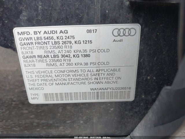 2018 Audi Q5 2.0t Premium/2.0t Tech Premium მანქანა იყიდება აუქციონზე, vin: WA1ANAFY3J2036516, აუქციონის ნომერი: 45815640