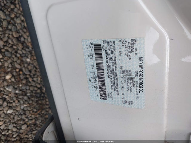 45815649 :رقم المزاد ، 2LMPJ6LR8GBL64040 vin ، 2016 Lincoln Mkx Reserve مزاد بيع