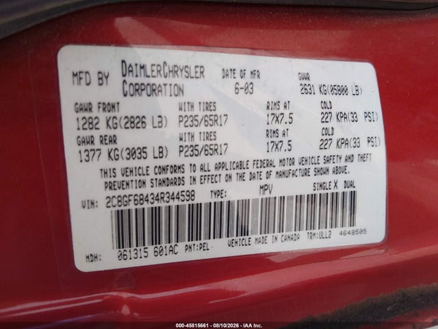 2004 Chrysler Pacifica მანქანა იყიდება აუქციონზე, vin: 2C8GF68434R344598, აუქციონის ნომერი: 45815661