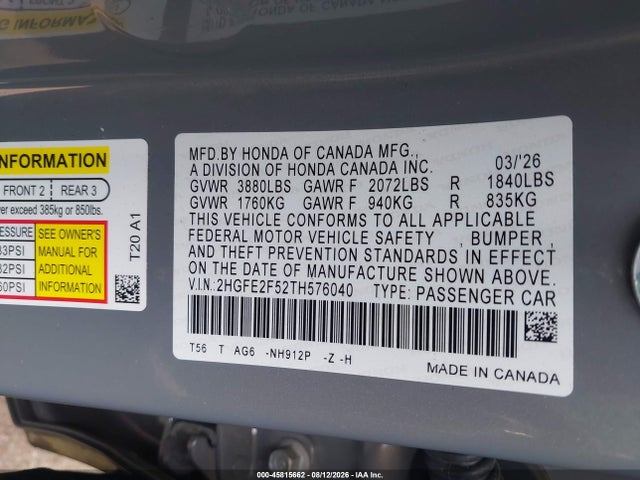 Продажа на аукционе авто 2026 Honda Civic Sport, vin: 2HGFE2F52TH576040, номер лота: 45815662