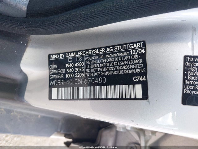 45815684 :رقم المزاد ، WDBRF40J05F670480 vin ، 2005 Mercedes-benz C 230 Kompressor Sport مزاد بيع