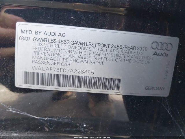 Продажа на аукционе авто 2007 Audi A4 2.0t, vin: WAUAF78E07A226455, номер лота: 45815689