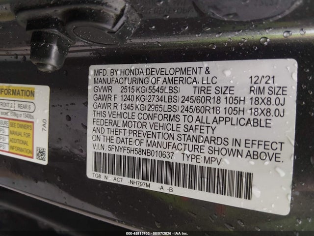 Honda Pilot 2wd Ex-l 2022 5FNYF5H58NB010637 Image 9