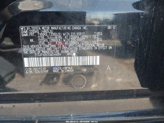 2012 Toyota Rav4 მანქანა იყიდება აუქციონზე, vin: 2T3JF4DV2CW244684, აუქციონის ნომერი: 45815712