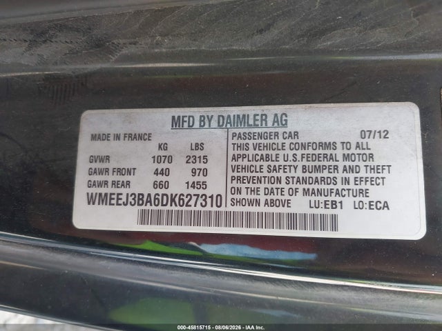 2013 Smart Fortwo Pure მანქანა იყიდება აუქციონზე, vin: WMEEJ3BA6DK627310, აუქციონის ნომერი: 45815715