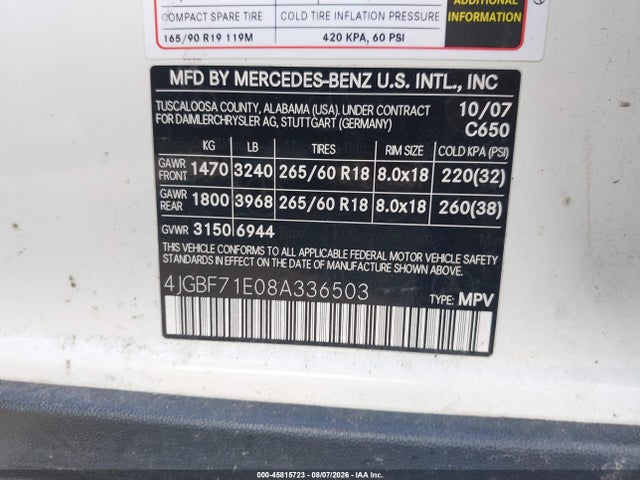 45815723 :رقم المزاد ، 4JGBF71E08A336503 vin ، 2008 Mercedes-benz Gl 450 4matic مزاد بيع
