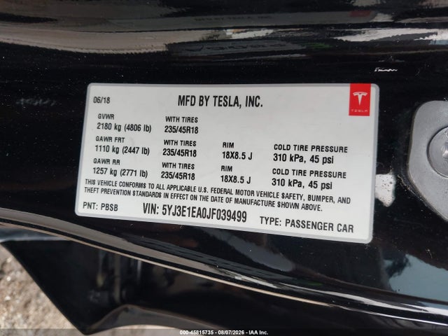 Aukcja sprzedaży 2018 Tesla Model 3 Long Range/mid Range, vin: 5YJ3E1EA0JF039499, numer aukcji: 45815735