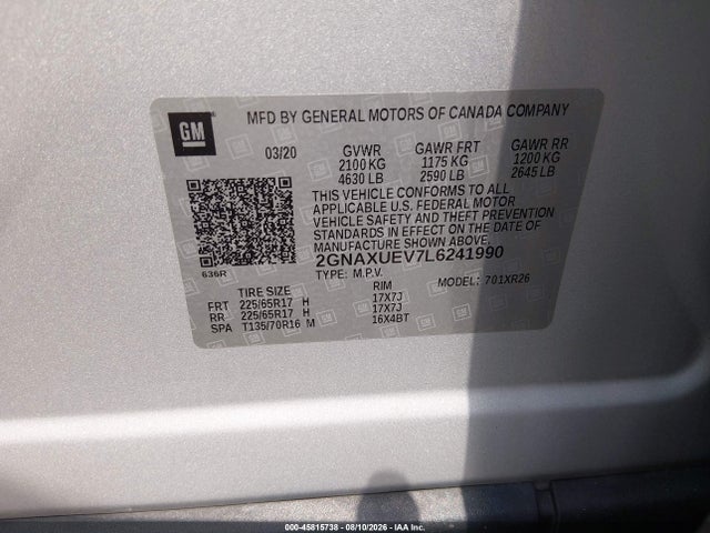 Продажа на аукционе авто 2020 Chevrolet Equinox Awd Lt 1.5l Turbo, vin: 2GNAXUEV7L6241990, номер лота: 45815738