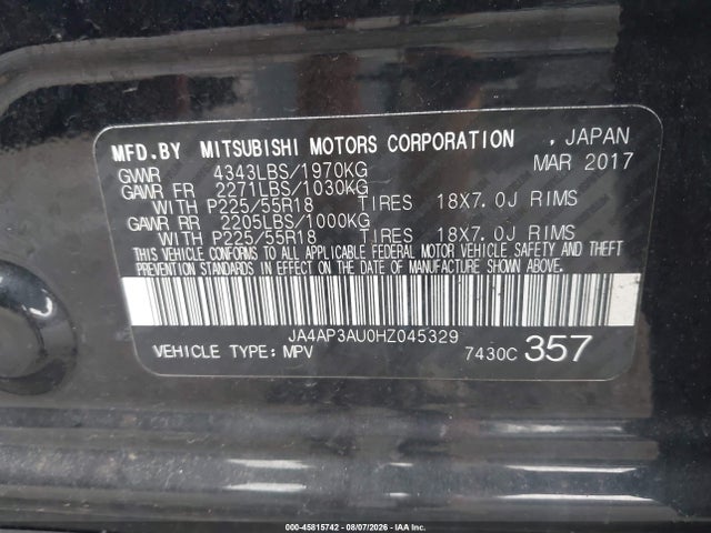 45815742 :رقم المزاد ، JA4AP3AU0HZ045329 vin ، 2017 Mitsubishi Outlander Sport 2.0 Es/2.0 Le مزاد بيع
