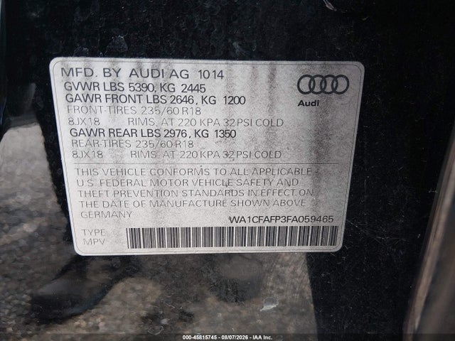 Продаж на аукціоні авто 2015 Audi Q5 2.0t Premium, vin: WA1CFAFP3FA059465, номер лоту: 45815745