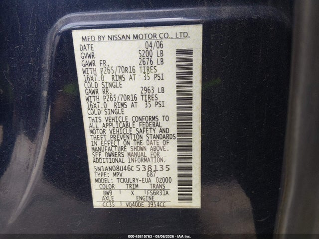 Продаж на аукціоні авто 2006 Nissan Xterra S, vin: 5N1AN08U46C538135, номер лоту: 45815763