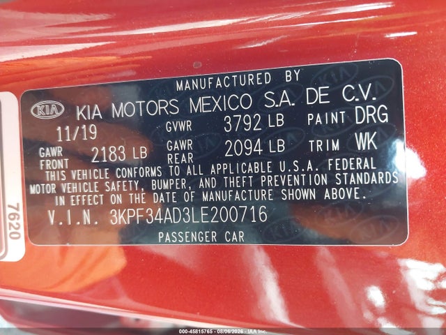 Продажа на аукционе авто 2020 Kia Forte Gt-line, vin: 3KPF34AD3LE200716, номер лота: 45815765