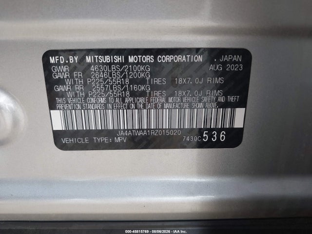 Aukcja sprzedaży 2024 Mitsubishi Eclipse Cross Se S-awc, vin: JA4ATWAA1RZ015020, numer aukcji: 45815769