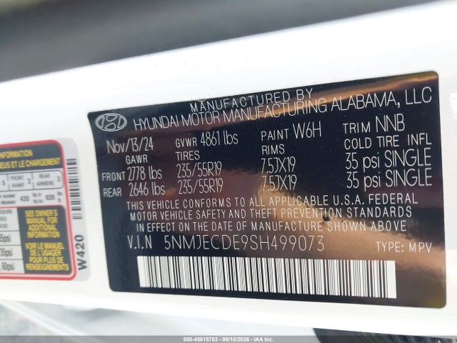 2025 Hyundai Tucson Limited მანქანა იყიდება აუქციონზე, vin: 5NMJECDE9SH499073, აუქციონის ნომერი: 45815783