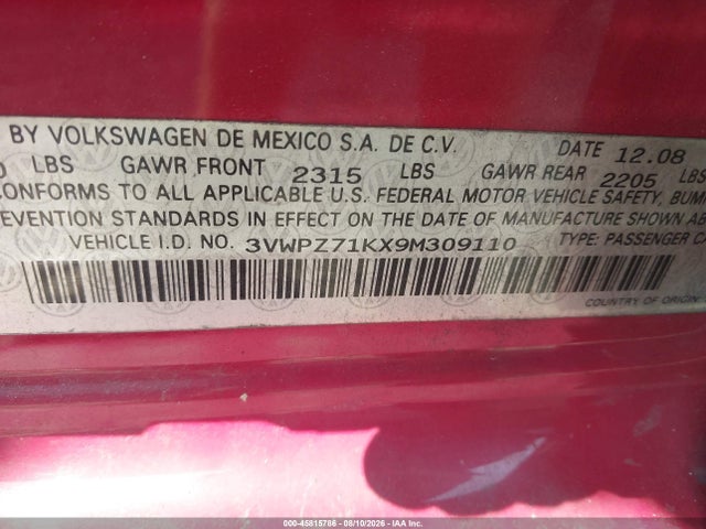 45815786 :رقم المزاد ، 3VWPZ71KX9M309110 vin ، 2009 Volkswagen Jetta 2.5l Se مزاد بيع
