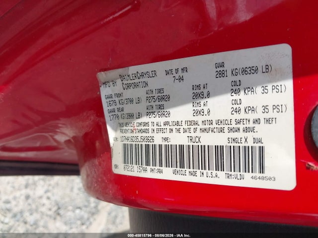Aukcja sprzedaży 2005 Dodge Ram 1500 St/slt, vin: 1D7HA16D35J503626, numer aukcji: 45815796