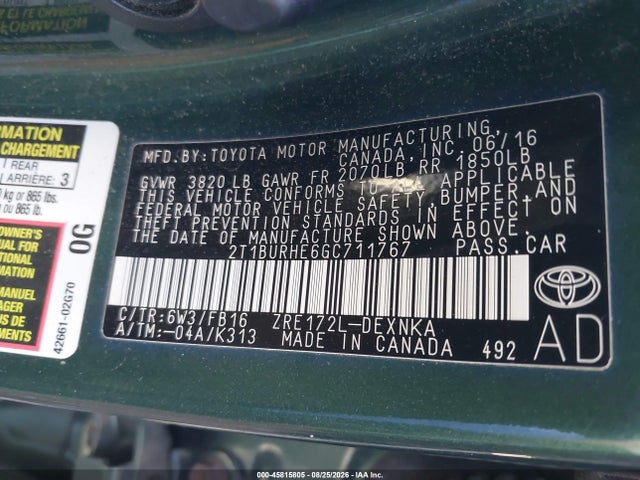 Aukcja sprzedaży 2016 Toyota Corolla Le, vin: 2T1BURHE6GC711767, numer aukcji: 45815805